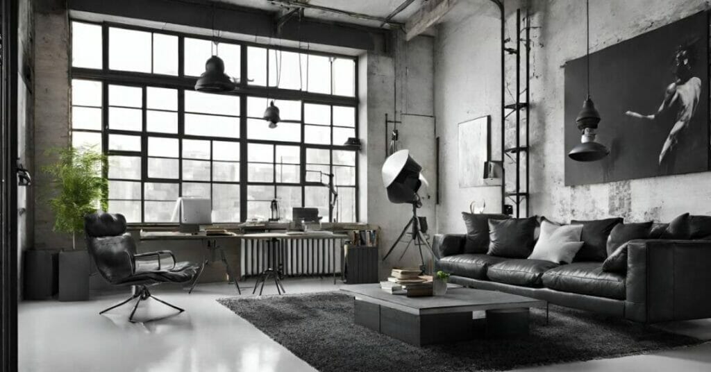 bialo czarny salon styl industrialny