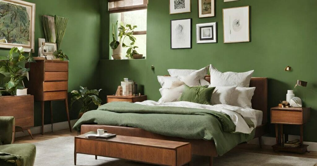 ciemnobrazowo zielona sypialnia