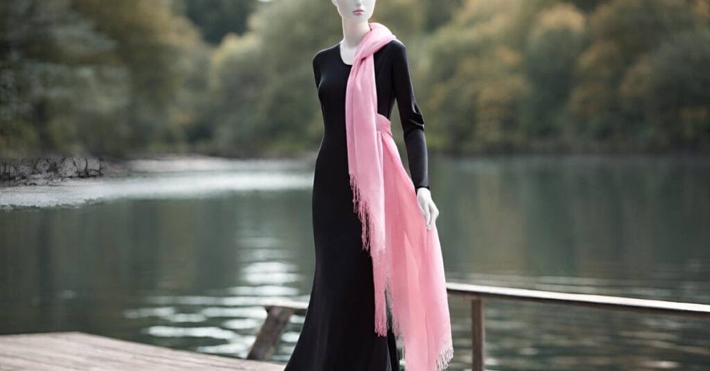 czarna sukienka w rozowy szal
