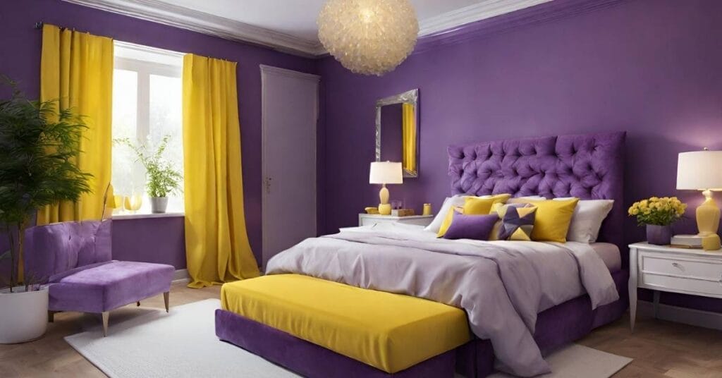fioletowy i zolty w sypialni