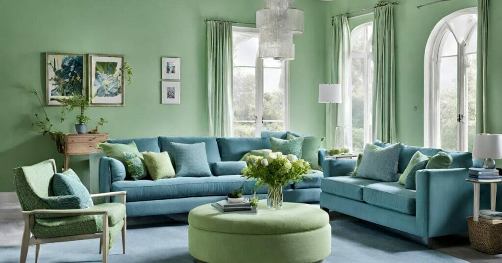 jasnozielone meble w niebieskim salonie