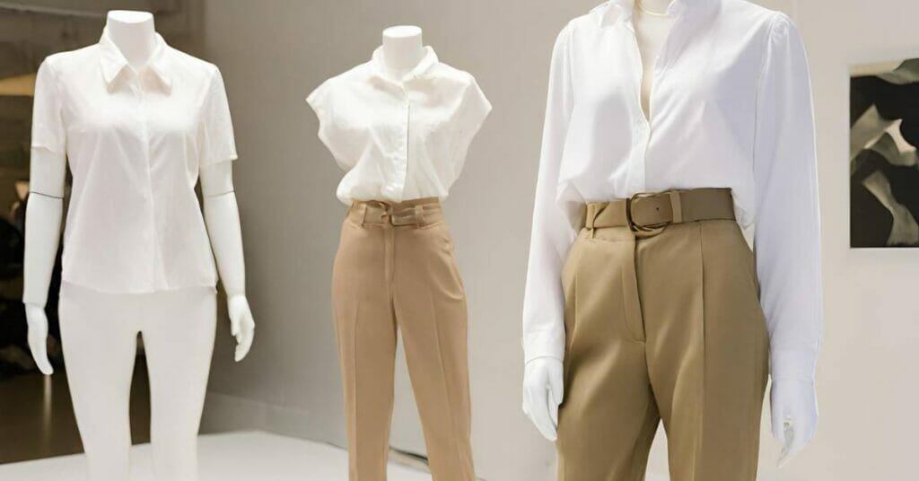 khaki spodnie lub spodnice w polaczeniu z biala koszula lub bluzka