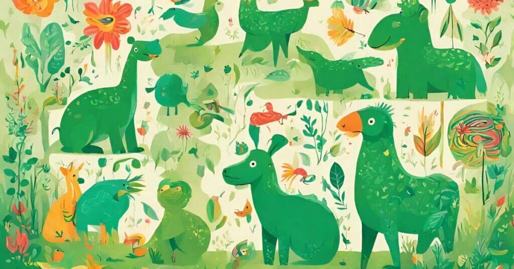 kolorowy obraz z zielonymi zwierzetami
