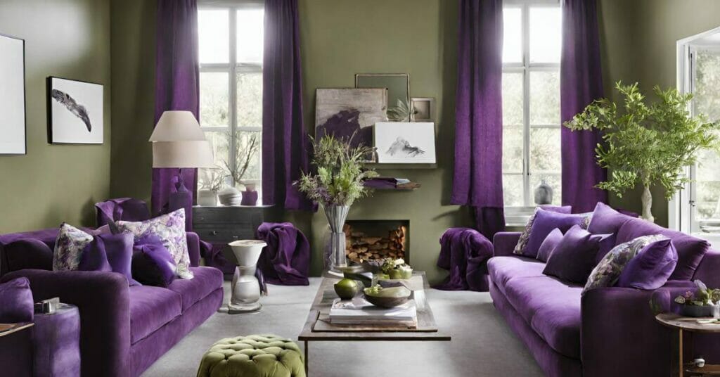 oliwkowy salon z fioletowymi poduszkami