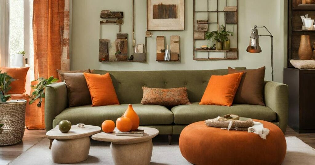 oliwkowy salon z pomaranczowymi i brazowymi poduszkami