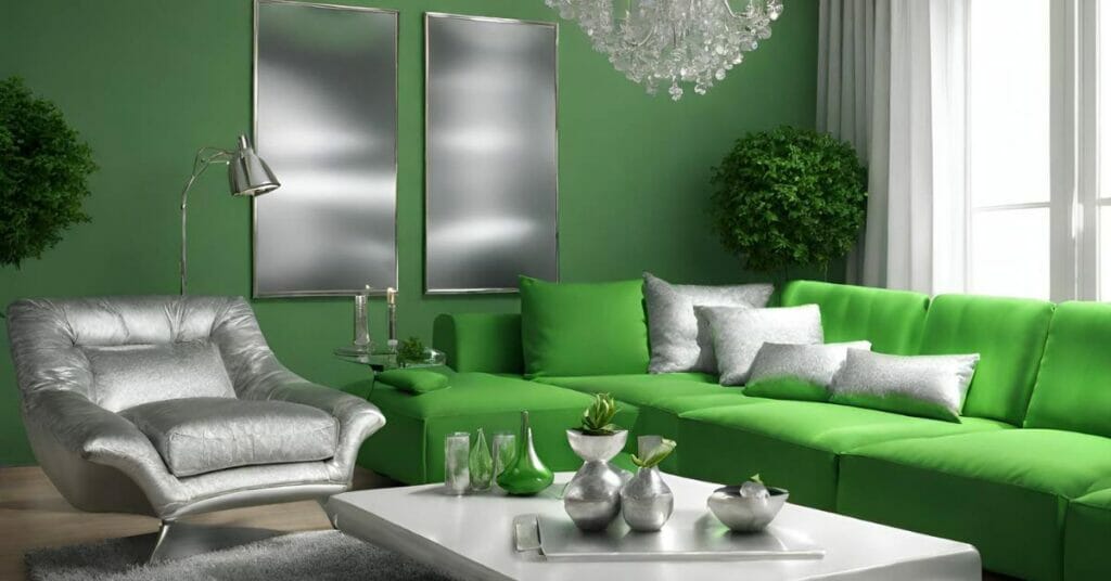 srebrny salon i zielone sciany