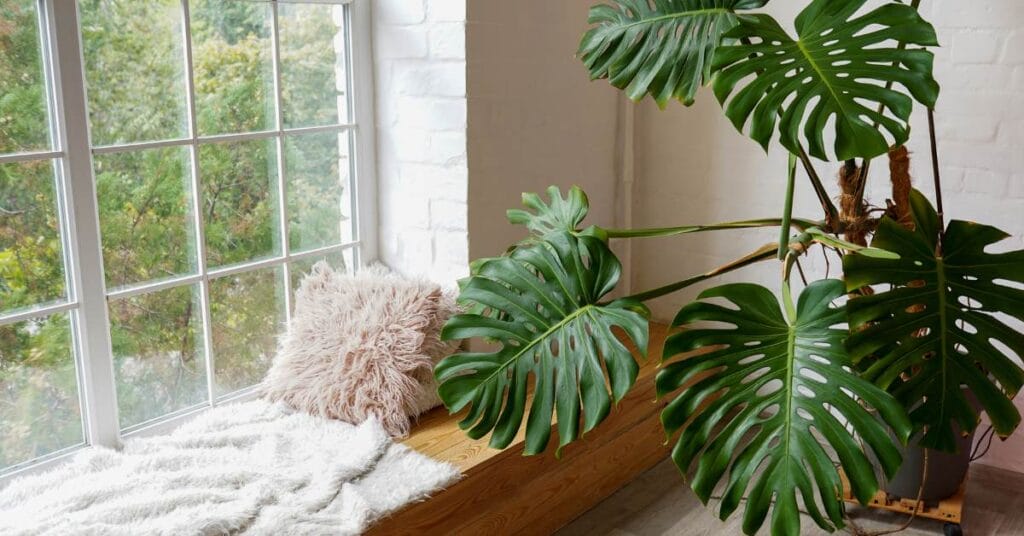 monstera w domu w doniczce przy oknie