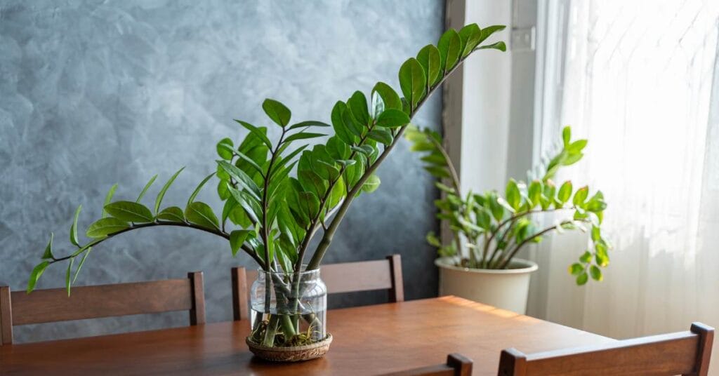 zamiokulkas na stole w jadalni