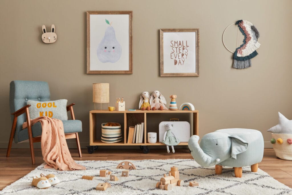 stylish scandinavian kid room interior with toys, teddy bear, pl