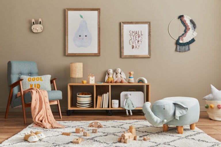 stylish scandinavian kid room interior with toys, teddy bear, pl